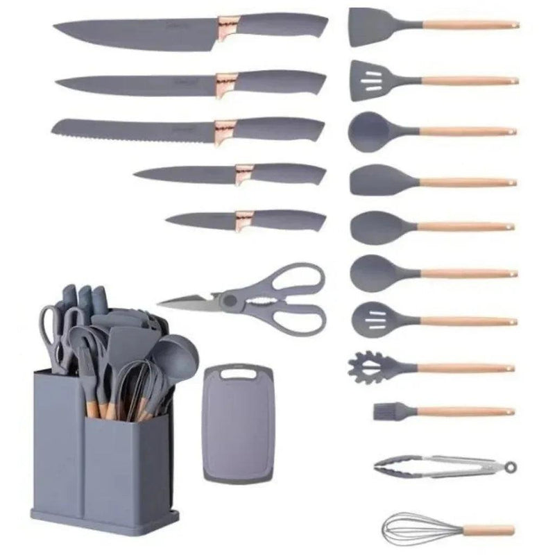 Kit Utensílios de Luxo para Cozinha com 19 Peças e Tábua de Silicone