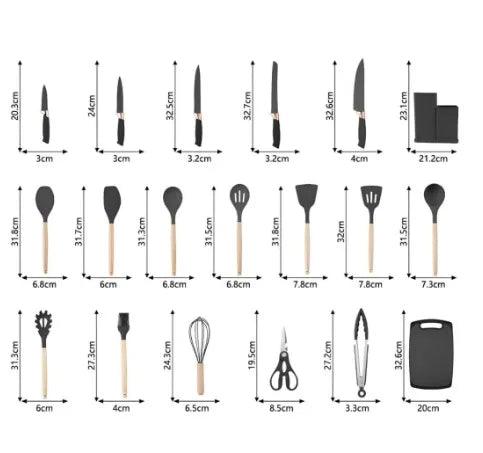 Kit Utensílios de Luxo para Cozinha com 19 Peças e Tábua de Silicone