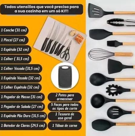 Kit Utensílios de Luxo para Cozinha com 19 Peças e Tábua de Silicone